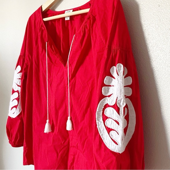 Women’s J.Crew Appliqué Peasant Top Shirt Blouse Red White Tassels Medium - Picture 3 of 9